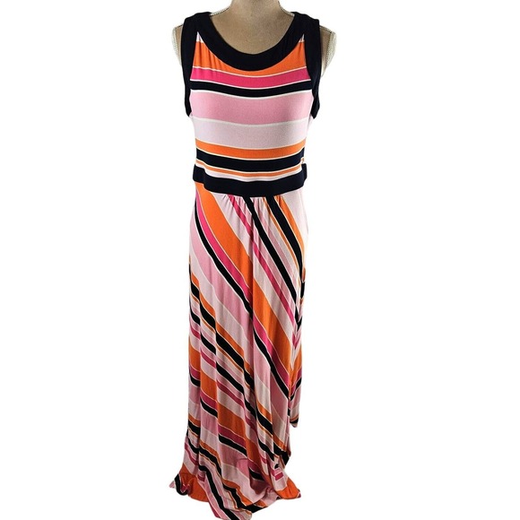 Lands‎ End Womens Sz Med 10-12 Maxi Dress Sleeveless Pink Orange Striped Spring - Picture 1 of 11